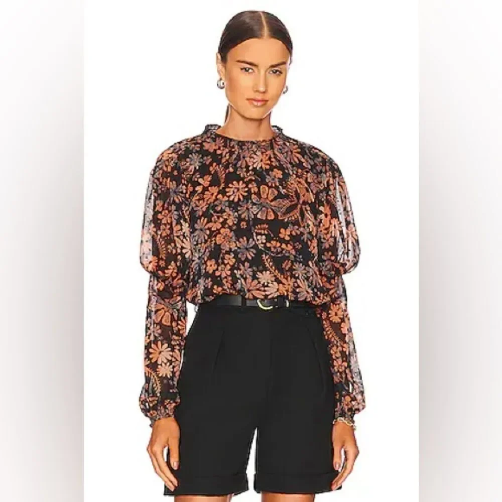 Free People Sz XSmall Clarissa Floral Printed Puff Sleeve Cropped Blouse Revolve